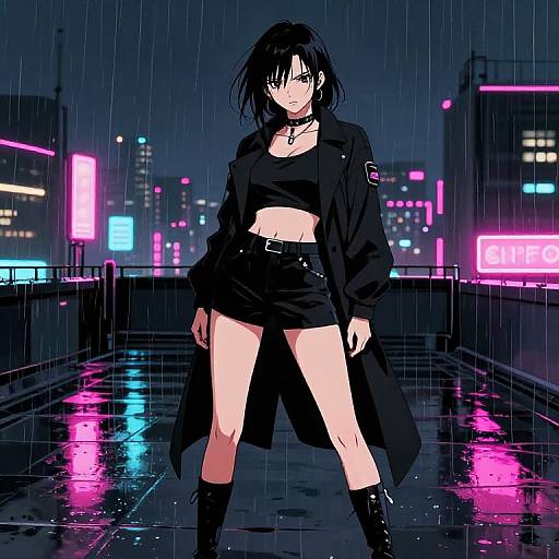Anime-style digital drawing of a black-haired woman in a black crop top, shorts, and long coat, standing on a rainy neon-lit city rooftop