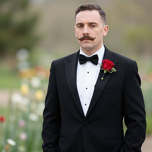 Photograph of a fair-skinned man with a mustache, wearing a black tuxedo, black bow tie, and red rose boutonni