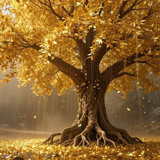 Photograph of a majestic tree with golden leaves, raindrops falling, and fallen leaves on the ground, creating a serene autumn scene.
