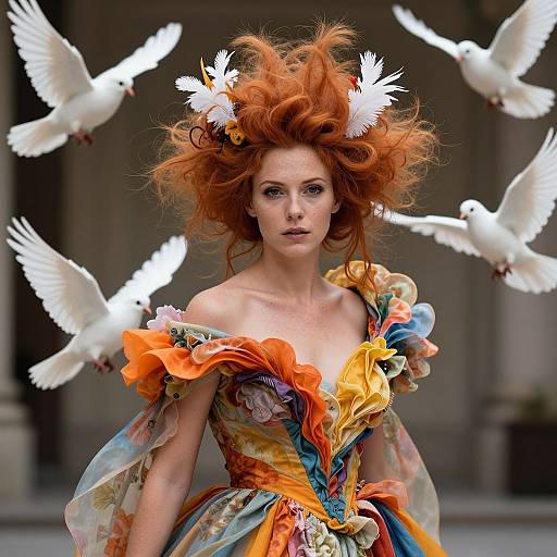 Photograph of a red-haired woman with wild, voluminous hair, wearing an off-shoulder, vibrant, multi-colored dress, surrounded by white