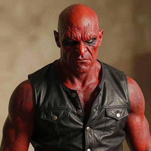 Photograph of a muscular, bald, red-skinned demon with pointed ears, wearing a black leather sleeveless vest, against a blurred beige background.