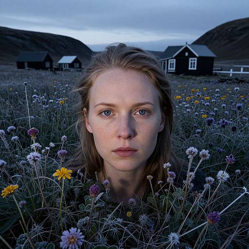 Photograph of a pale-skinned, blue-eyed woman with light brown hair, staring directly at the camera, surrounded by wildflowers in a field,