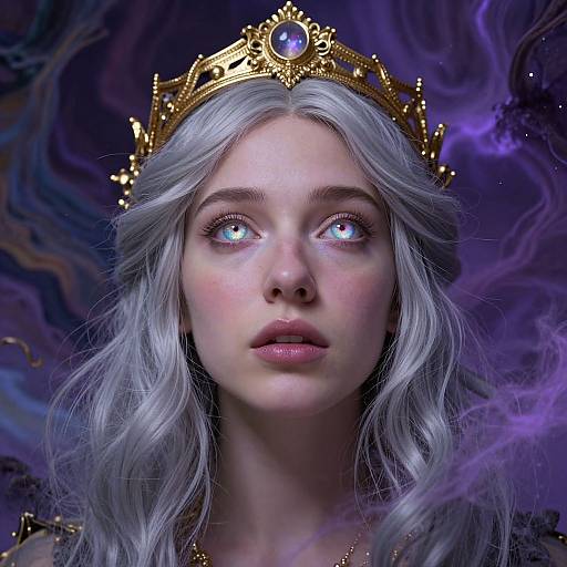 Digital portrait of a fair-skinned, silver-haired woman with glowing blue eyes, wearing a golden crown with a blue gem, against a swirling purple and