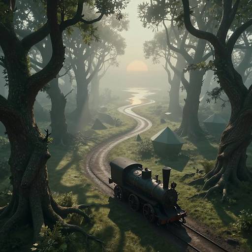 Digital artwork: A small black steam train travels down a winding track through a misty forest with sunlight filtering through trees, surrounded by green grass and several
