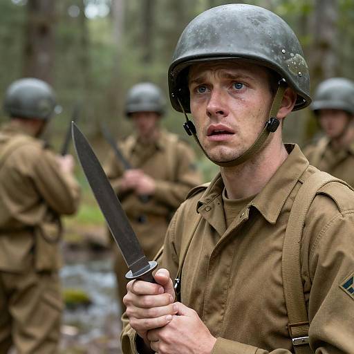 Worried Soldier in Forest Setting