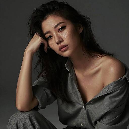 Photograph of a young woman with dark, messy hair, freckled face, and light skin, wearing an off-shoulder grey button-up