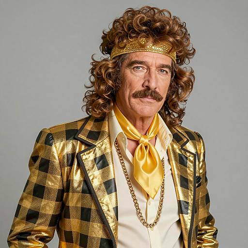 Middle-aged Man in 70s Disco King Outfit
