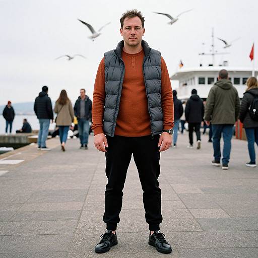 Photograph of a serious man with short dark hair, brown sweater, black puffer vest, black pants, and black shoes, standing on a crowded