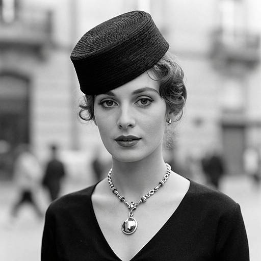 Black-and-white photograph of a stylish woman with curled hair, black hat, dark lipstick, black dress, and silver necklace, standing in a blurred city