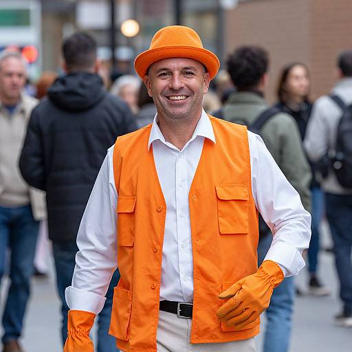 Photograph of a smiling man in an orange vest, matching gloves, and hat, standing in a busy urban street crowd.