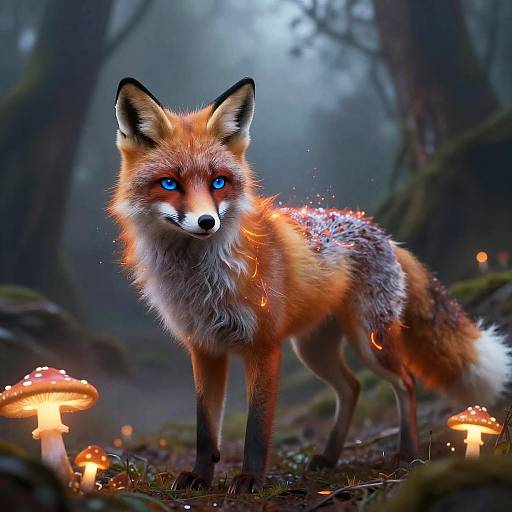 Digital artwork of a glowing blue-eyed, orange-furred fox with sparks on its back, standing among glowing mushrooms in a misty forest.