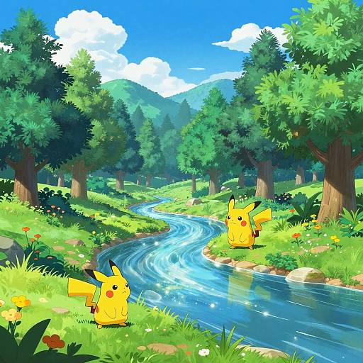 Digital illustration of a bright, sunny forest with a winding blue river. Two Pikachu, one standing near the riverbank, the other on the grass,