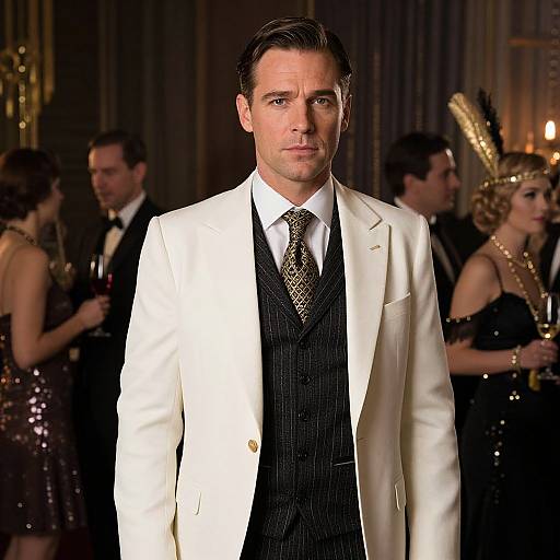 Photograph of a handsome man in a white suit, black pinstriped vest, and patterned tie, standing in a dimly lit,