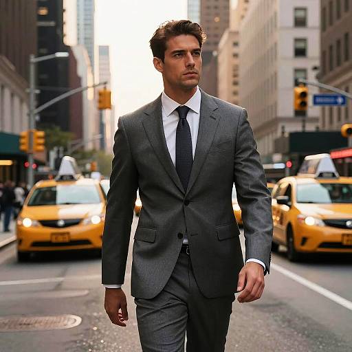 Photograph of a handsome, serious-looking man in a gray suit, white shirt, and black tie walking on a busy New York City street with yellow
