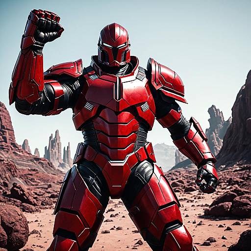Giant Crimson Armored Warrior in Alien Landscape