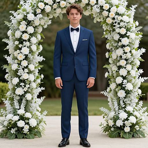 Photograph of a handsome young man in a dark navy suit, white shirt, black bow tie, standing in front of a white floral arch.