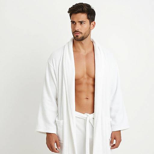 Photograph of a handsome, muscular man with short dark hair and stubble, wearing an open white bathrobe and white pants, against a plain white