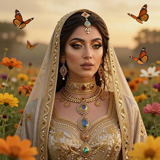 Photograph of a beautiful South Asian woman in ornate gold jewelry and veil, standing in a vibrant flower field with orange butterflies. Golden sunset background.