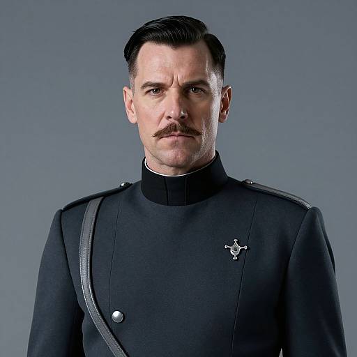 Photograph of a serious middle-aged white man with short black hair and mustache, wearing a black military uniform with silver buttons and a cross emblem,