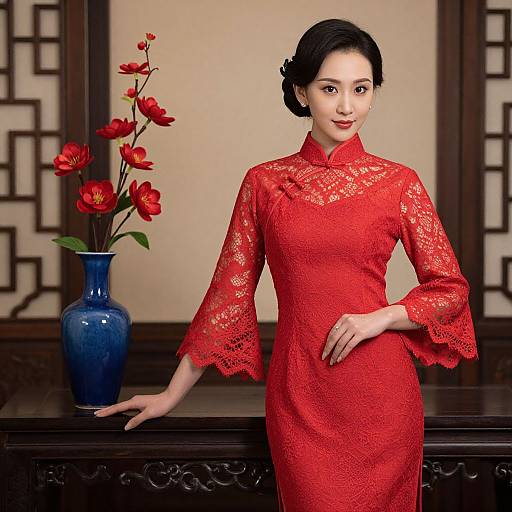 Elegant Woman in Red Lace Cheongsam