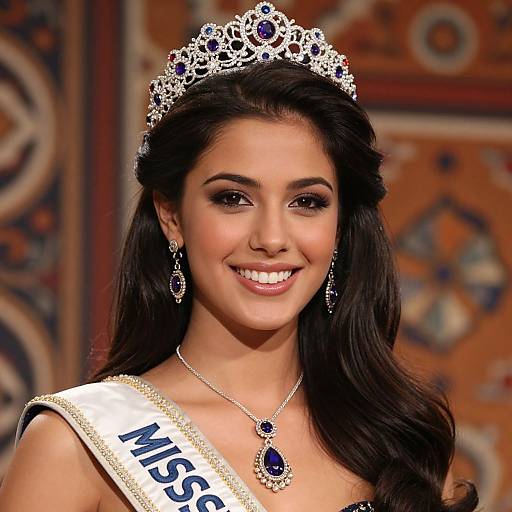 Photograph of a smiling brunette woman with long hair, wearing a silver tiara, blue gemstone necklace, earrings, and 