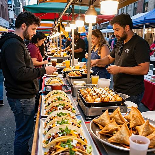 Photograph of a bustling outdoor food market stall with colorful awnings, serving a variety of tacos and snacks, patrons ordering and chatting.