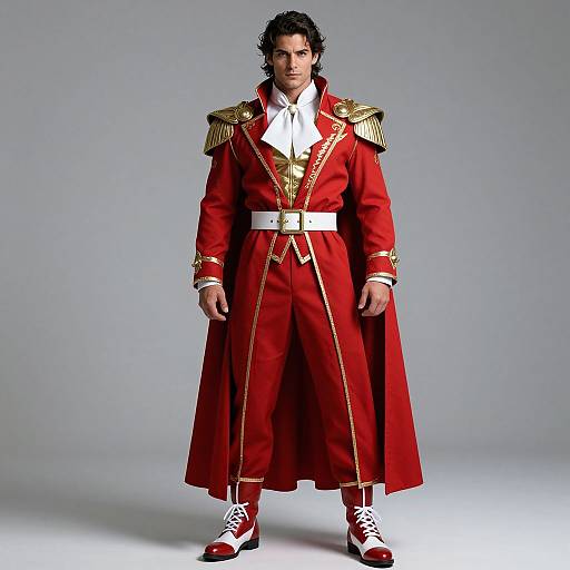 Photograph of a man with dark curly hair wearing a red military-style coat with gold epaulettes, white shirt, and red boots against a