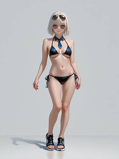 Digital anime-style drawing of a slim, pale-skinned woman with short white hair, wearing a black bikini, sunglasses, and black sandals.