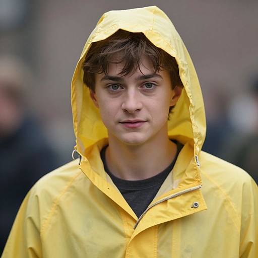 Photograph of a young Caucasian boy with fair skin, brown hair, and blue eyes, wearing a bright yellow raincoat with hood, standing outdoors with
