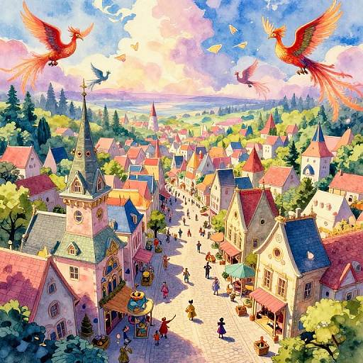 Vibrant digital painting of a charming, colorful village with red-roofed houses, a bustling town square, and two red birds flying in a