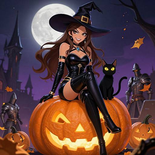Digital illustration of a sexy, brown-haired witch in black leather outfit, sitting on a glowing pumpkin, with a black cat and knights in armor under a