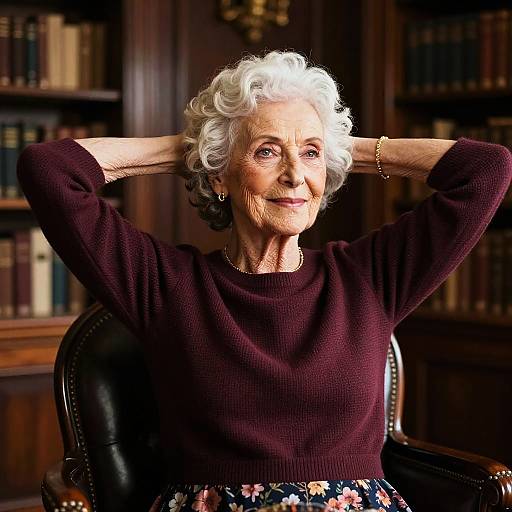 Photograph of an elderly white woman with curly white hair, wearing a maroon sweater and floral skirt, sitting in a library with bookshelves in