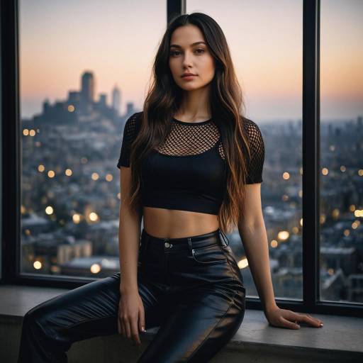 Young woman in black leather pants by window city view