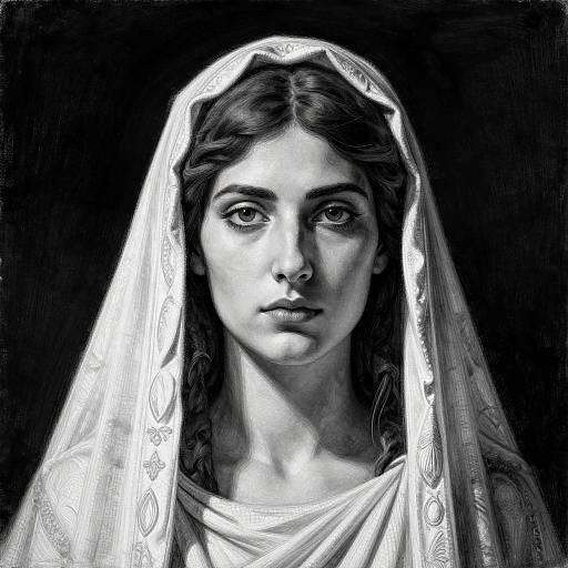 Black-and-white digital portrait of a serious young woman with long hair, wearing a patterned veil, against a dark background.