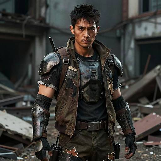 Photograph of a rugged, dark-haired man with spiked hair, wearing black armor and torn vest, standing in a ruined, debris-filled urban background.