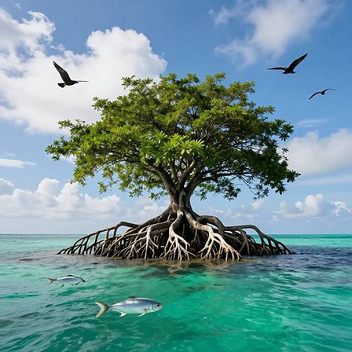 Solitary Tree on Island with Wildlife