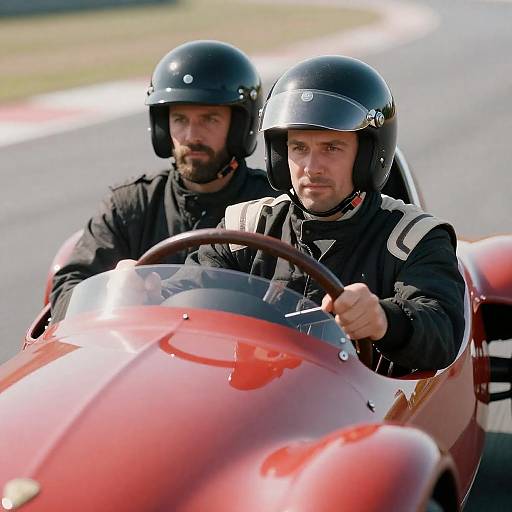 Two Men in Vintage Red Sports Car