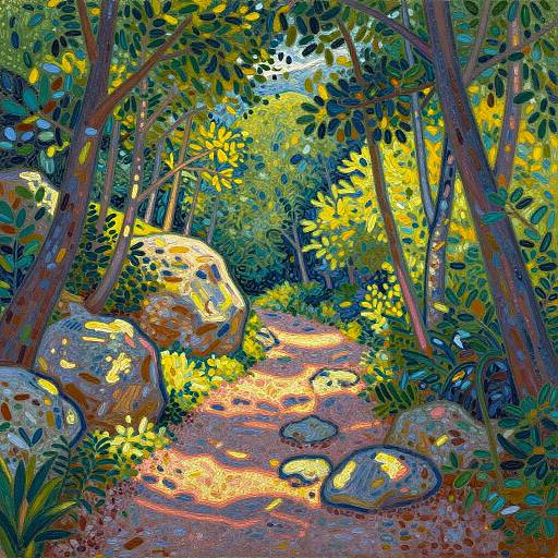 Sunlit Forest Path in Pointillism