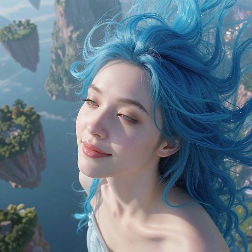 Digital artwork of a fair-skinned woman with vibrant blue hair, smiling serenely above floating islands and cliffs, set against a bright, blue sky
