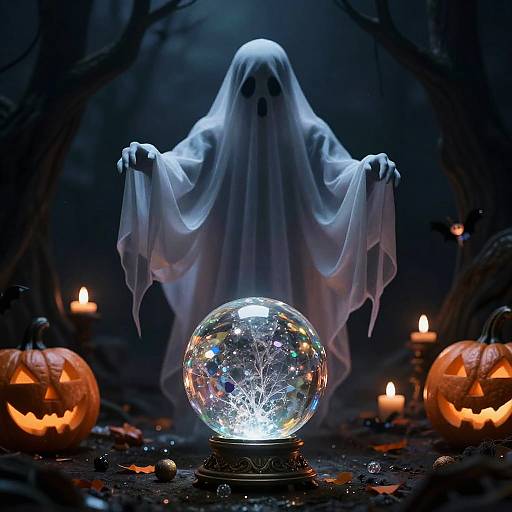 Photograph of a ghost with glowing eyes and outstretched arms, standing behind a glowing crystal orb, surrounded by lit candles and carved pumpkins in