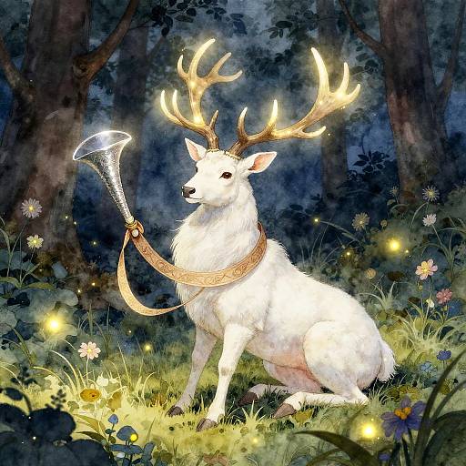 Digital painting of a white deer with glowing antlers holding a silver axe, surrounded by enchanted forest, glowing flowers, and fireflies.