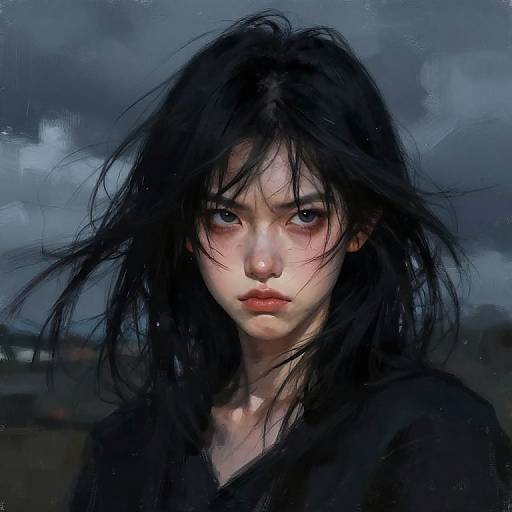 Digital painting of a pale, young Asian woman with long, disheveled black hair and intense blue eyes, wearing a black top, against a mo