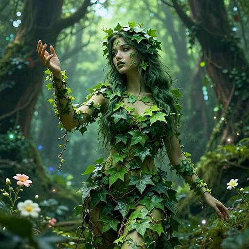 Digital fantasy artwork of a green-haired, leaf-wreathed fairy woman in a forest, raising her hand amidst vines and flowers.