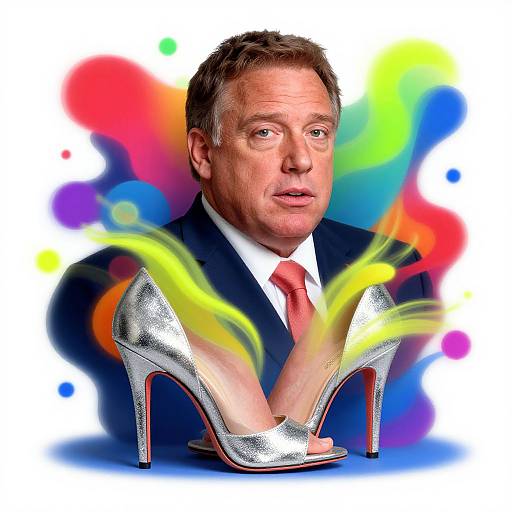 Photorealistic portrait of middle-aged man in suit, red tie, holding silver high heels with colorful, abstract, digital background.