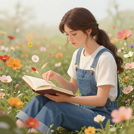 Photograph-style digital illustration of a young woman with long brown hair in blue overalls and white shirt, reading a book in a vibrant, sunlit