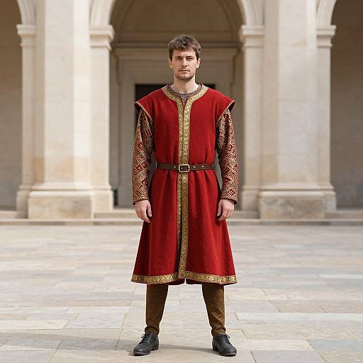 Photograph of a Caucasian man with short brown hair and beard, wearing a red medieval tunic with gold trim, brown pants, and black boots,