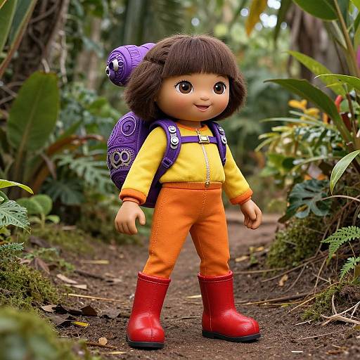 Photograph of a smiling doll with brown hair, wearing yellow shirt, orange pants, red boots, and purple backpack, standing on a forest path surrounded