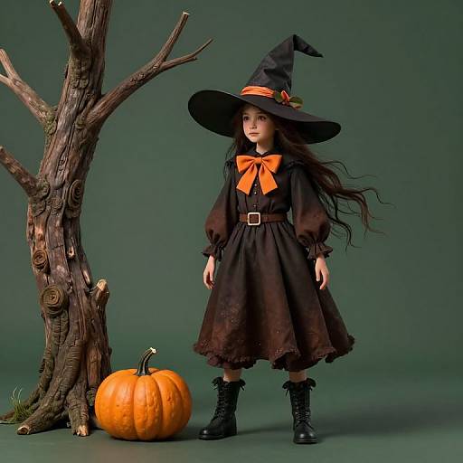 Photograph of a young girl in a black witch costume with orange bow, hat, and boots, standing beside a leafless tree and orange pumpkin against