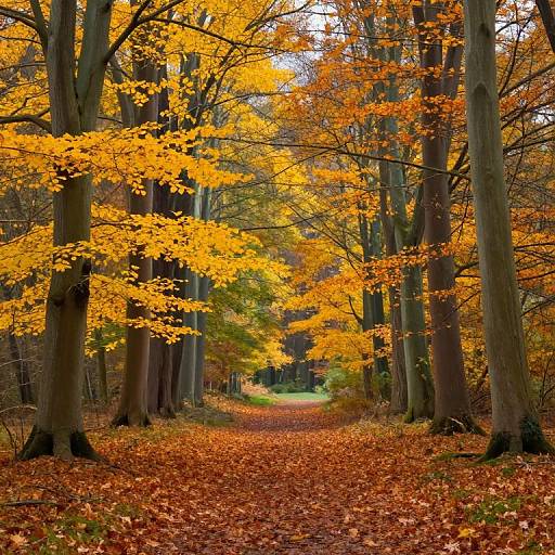 Photograph of a forest path lined with tall trees, vibrant yellow and orange autumn leaves, and a carpet of fallen leaves in rich red and orange hues