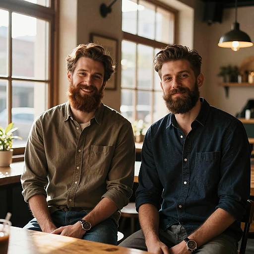 Neatly Styled Beards in Rustic Cafe